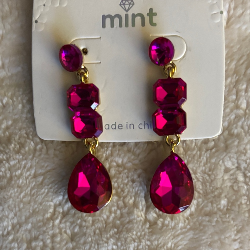 Mint Hot Pink Crystal Teardrop Dangle Earrings
